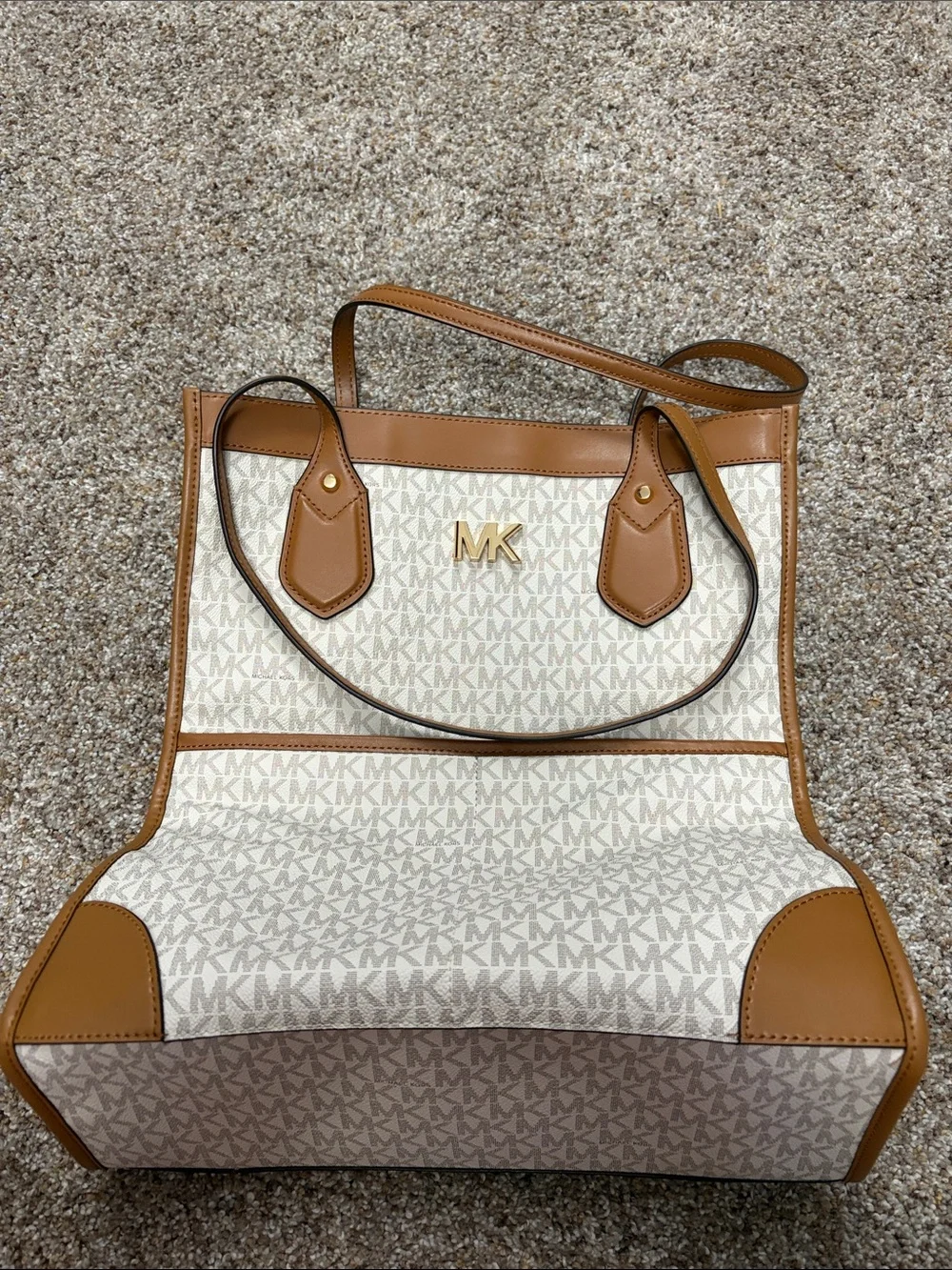 Michael Kors Vanilla MK Logo Tote with Luggage Trim